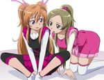  all_fours blue_eyes bow brown_hair butterfly_sitting capri_pants eyelashes green_eyes heart houjou_hibiki leggings long_hair manji_(tenketsu) minamino_kanade multiple_girls open_mouth orange_hair pants pink_bow precure sitting skirt smile suite_precure thighhighs two_side_up white_background white_legwear 