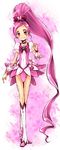  boots bow choker cure_blossom full_body hair_bow hanasaki_tsubomi heartcatch_precure! highres knee_boots long_hair magical_girl pink pink_background pink_bow pink_choker pink_eyes pink_hair ponytail precure puffy_sleeves rei_(reins) ribbon skirt smile solo very_long_hair wrist_cuffs 
