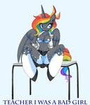  anthro blue_eyes breasts camel_toe clothing english_text equine female hair horn mammal multi-colored_hair my_little_pony panties rainbow_hair rainbowscreen schoolgirl shirt sitting solo table text underwear winged_unicorn wings 
