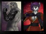  back back_turned black_nose breasts canine clothed clothing cyborg feline female front gauntlets grey_wolf hair jess_(teckly) looking_at_viewer looking_back male mammal matte_background metal muscles nude purple_eyes purple_hair red_clothing red_eyes robe short_hair side_by_side standing strype sword tiger weapon white_hair white_tiger 