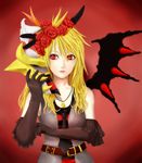  alternate_form belt blonde_hair elbow_gloves flower gen_4_pokemon giratina gloves hair_flower hair_ornament highres jewelry long_hair mask necklace personification pokemon red_eyes rose saty-rokuji single_wing solo wings 
