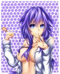  blue_eyes breasts fi-san food large_breasts long_hair neptune_(series) open_clothes open_shirt pudding purple_hair purple_heart shirt solo 