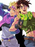  abs bad_id bad_pixiv_id blonde_hair blue_eyes blue_jacket caesar_anthonio_zeppeli crop_top facial_mark fingerless_gloves gloves green_eyes headband hi0n2 jacket jojo_no_kimyou_na_bouken joseph_joestar_(young) midriff multiple_boys scarf 