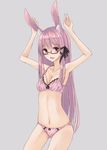  :d absurdres animal_ears armpits arms_up blush bra breasts bunny_ears cleavage collarbone cowboy_shot glasses grey_background highres long_hair looking_at_viewer navel open_mouth original panties pink_bra pink_eyes pink_hair pink_panties second_heaven simple_background small_breasts smile solo standing stomach underwear underwear_only 