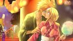  achiba blonde_hair breasts brown_eyes earrings eyes_closed fairy_tail glasses japanese_clothes jewelry kimono loke_(fairy_tail) long_hair lucy_heartfilia orange_hair short_hair 