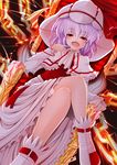  capelet chain crossed_legs curiosities_of_lotus_asia doburoku_(daiginjou) fang hat highres lavender_hair open_mouth red_eyes remilia_scarlet short_hair sitting solo throne touhou 