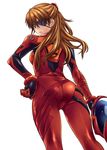  ass bangs blue_eyes bodysuit bracer breasts brown_hair clenched_hand closed_mouth cowboy_shot evangelion:_3.0_you_can_(not)_redo eyepatch from_behind from_below gloves hair_between_eyes hand_on_hip headgear headwear_removed helmet helmet_removed holding holding_helmet kneepits legs_apart long_hair looking_back looking_down medium_breasts nagayori neon_genesis_evangelion one_eye_covered parted_bangs pilot_suit plugsuit rebuild_of_evangelion red_bodysuit shikinami_asuka_langley simple_background skin_tight solo souryuu_asuka_langley standing tape turtleneck visor white_background 