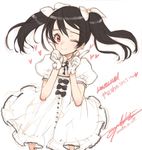  black_hair bow dress gloves hair_bow hair_ribbon heart index_finger_raised long_hair looking_at_viewer love_live! love_live!_school_idol_project one_eye_closed ooyari_ashito puffy_short_sleeves puffy_sleeves red_eyes revision ribbon short_sleeves simple_background smile solo twintails white_background white_dress white_gloves white_ribbon yazawa_nico 