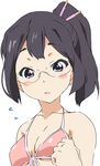  asagiri_shiori bikini black_eyes black_hair breasts cleavage face flying_sweatdrops glasses hair_ornament hair_stick medium_breasts open_mouth short_hair side_ponytail swimsuit tamako_market umanosuke 