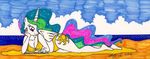  anthrofied beach book breasts cleavage clothed clothing equine female friendship_is_magic horn lying mammal my_little_pony newyorkx3 on_side outside princess princess_celestia_(mlp) royalty sand seaside sky solo swimsuit winged_unicorn wings 