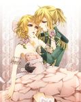  1girl absurdres aqua_eyes bad_id bad_pixiv_id bare_shoulders blonde_hair breasts brother_and_sister cleavage dress eye_contact finger_to_mouth floral_dress gloves hair_ornament hair_ribbon hairclip haitoku_no_hana_(vocaloid) highres hug incest jewelry kagamine_len kagamine_rin looking_at_another medium_breasts military military_uniform nail_polish parted_lips pink_dress ponytail ribbon rico_(fbn3) short_hair siblings skirt thighhighs twincest twins uniform vocaloid white_legwear 