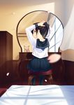  adjusting_hair black_hair blush desk highres kazushiki_midori long_hair mirror original petals ponytail school_uniform serafuku sitting skirt solo 