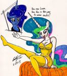  anthro anthrofied bed breasts cleavage clothed clothing english_text equine female friendship_is_magic hi_res horn legwear mammal my_little_pony newyorkx3 night_shirt plain_background princess princess_celestia_(mlp) princess_luna_(mlp) raised_leg royalty signature sitting stockings text unicorn white_background winged_unicorn wings 