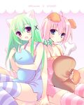  amanagi_seiji animal_ears copyright_request green_hair long_hair multiple_girls pink_hair thighhighs 