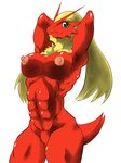  anthrofied arms_behind_head big_breasts blaziken breasts female looking_at_viewer muscles muscular_female nintendo nipples nude plain_background pok&#233;mon pok&#233;morph pok&eacute;mon pose pubes raised_arm red_body solo standing sya video_games white_background 