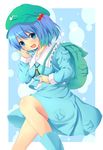  backpack bag blue_eyes blue_hair blush boots hair_bobbles hair_ornament hat highres kawashiro_nitori key open_mouth short_hair skirt smile solo touhou two_side_up yuzuki_sora 