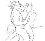  2013 anthro breasts cum cumshot dickgirl dragon duo erection from_behind herm humanoid_penis intersex interspecies male nipples nude orgasm penetration penis plain_background sex sketch standing vck white_background 