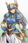  armor armored_dress blue_armor braid feathers green_eyes helmet houtengeki lenneth_valkyrie long_hair silver_hair sketch solo sword valkyrie valkyrie_profile weapon 