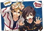  banagher_links blonde_hair blue_eyes brown_eyes brown_hair claw_pose ebira grin gundam gundam_unicorn hood hoodie male_focus multiple_boys open_mouth riddhe_marcenas smile speech_bubble 