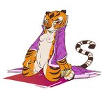  breasts claws clothing feline female fur hindpaw kneeling kung_fu_panda looking_at_viewer mammal master_tigress navel nipples orange_eyes orange_fur partially_clothed paws plain_background pussy pussy_juice sefeiren small_breasts solo stripes tiger whiskers white_background 