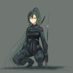  armor bodysuit breastplate character_request closed_mouth copyright_request dual_wielding expressionless full_body ganesagi green_eyes green_hair holding legs_apart long_hair looking_at_viewer ponytail reverse_grip simple_background smile solo spread_legs squatting sword very_long_hair weapon 