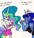  anthro anthrofied breasts camera cleavage clothed clothing dialog duo english_text equine female friendship_is_magic horn mammal my_little_pony newyorkx3 plain_background princess princess_celestia_(mlp) princess_luna_(mlp) royalty signature smile standing text white_background winged_unicorn wings 