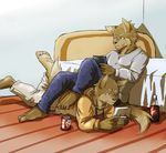  ? anthro barefoot bed brown_fur canine clothed clothing dr._pepper dr_pepper duo fur hindpaw legs_up lying male mammal on_front paws plantigrade playing sitting soles toes toku video_games wolf 