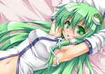  armpits arms_up detached_sleeves frog_hair_ornament green_eyes green_hair hair_ornament kochiya_sanae long_hair looking_at_viewer lying navel on_back open_mouth roura smile snake solo touhou upper_body 