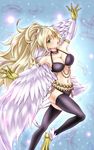  armpits black_legwear blackdeeno blonde_hair breasts claws cleavage collarbone feathered_wings feathers green_eyes harpie_dancer harpy large_breasts monster_girl open_mouth solo thighhighs wings yuu-gi-ou 