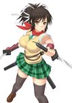  1girl asuka_(senran_kagura) blush brown_eyes brown_hair long_hair miniskirt school_uniform senran_kagura senran_kagura_(series) short_skirt skirt solo standing stockings sword thighhighs weapon 