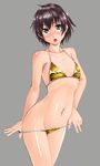  bikini bikini_pull black_hair blue_eyes blush emperor_zuou flat_chest highres navel open_mouth original pulled_by_self short_hair solo swimsuit 