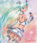  artist_name detached_sleeves garter_straps green_eyes green_hair hair_ribbon hatsune_miku long_hair looking_back mayo_riyo microphone midriff open_mouth project_diva_(series) project_diva_2nd ribbon skirt solo tattoo thighhighs traditional_media twintails very_long_hair vocaloid 