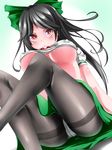  black_hair black_legwear blush bow breasts covered_nipples crotch_seam highres hybrid_(1212apro) large_breasts long_hair panties panties_under_pantyhose pantyhose red_eyes reiuji_utsuho skirt solo striped striped_panties thighband_pantyhose third_eye touhou underwear 