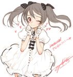  black_ribbon bow dress gloves grey_hair hair_bow hair_ribbon heart index_finger_raised long_hair looking_at_viewer love_live! love_live!_school_idol_project one_eye_closed ooyari_ashito puffy_short_sleeves puffy_sleeves red_eyes ribbon short_sleeves simple_background smile solo striped striped_ribbon twintails white_background white_dress white_gloves yazawa_nico 