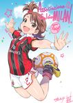  :d ac_milan adidas ball blush brown_eyes brown_hair covered_navel flipped_hair futami_ami hair_bobbles hair_ornament idolmaster idolmaster_(classic) inoue_sora italy jersey mattia_de_sciglio open_mouth outstretched_arms serie_a short_hair side_ponytail smile soccer soccer_ball soccer_uniform solo sportswear wristband 