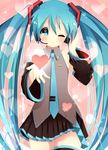  aqua_eyes aqua_hair blue_eyes blush detached_sleeves hakumugi hatsune_miku headset heart heart-shaped_pupils long_hair necktie one_eye_closed skirt smile solo symbol-shaped_pupils thighhighs twintails very_long_hair vocaloid zettai_ryouiki 