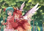  animal_ears aqua_eyes aqua_hair broom closed_eyes dress fingernails hat kasodani_kyouko long_fingernails multiple_girls mystia_lorelei niiya open_mouth outdoors pink_hair short_hair smile surprised touhou tree wings 