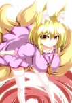  animal_ears blonde_hair breasts carrot carrot_necklace cosplay dress fox_ears fox_tail inaba_tewi inaba_tewi_(cosplay) jewelry large_breasts merry_(diameri) multiple_tails necklace no_hat no_headwear pendant short_hair smile solo tail thighhighs touhou white_legwear yakumo_ran yellow_eyes 