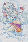  absurdres animal_ears blush box colored_pencil_(medium) detached_sleeves hat heart highres inubashiri_momiji kitazinger lying navel on_side pillow red_eyes short_hair solo tail thighhighs tokin_hat touhou traditional_media white_hair white_legwear wolf_ears wolf_tail 
