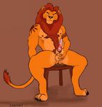  animal_genitalia anthro anthrofied balls barbs chair cum disney erection feline feline_penis lion looking_at_viewer male mammal mane mufasa muscles nude penis plain_background sitting solo tarolyon tattoo the_lion_king 