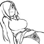  blush breasts clothes_lift cross cross_necklace embarrassed greyscale hair_over_one_eye huge_breasts jewelry long_hair monochrome necklace no_pants panties parasoul_(skullgirls) skullgirls solo sweater sweater_lift tsukudani_(coke-buta) underwear 