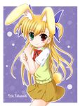  animal_ears blush bow bunny_ears bunny_tail character_name copyright_name flipper flower hair_bow heterochromia kemonomimi_mode long_hair lyrical_nanoha mahou_shoujo_lyrical_nanoha_vivid school_uniform smile solo st._hilde_academy_of_magic_uniform sweater_vest tail two_side_up vivio 