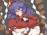  blush breast_hold breasts commentary_request eyebrows iroyopon large_breasts mirror purple_hair rope shide shimenawa short_hair solo thick_eyebrows touhou upper_body yasaka_kanako 