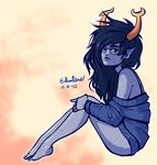  black_hair blue_eyes bottomless clothing dasmuskel eyewear female glasses grey_skin hair homestuck horn long_hair looking_at_viewer plain_background pointy_ears shirt solo sweater troll vriska_serket 