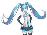  aqua_eyes aqua_hair bad_id bad_pixiv_id detached_sleeves gloves hands_on_hips hatsune_miku headphones long_hair necktie neco simple_background skirt smile solo thighhighs twintails very_long_hair vocaloid white_background 