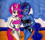  anthro anthrofied beach breasts cleavage clothed clothing duo equine female friendship_is_magic hi_res horn looking_at_viewer mammal my_little_pony newyorkx3 open_mouth outside princess_luna_(mlp) sand seaside signature sky standing swimsuit unicorn winged_unicorn wings 