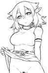  armlet belt breasts character_request copyright_request dress dress_lift greyscale large_breasts monochrome pointy_ears pubic_hair short_hair smile solo tsukudani_(coke-buta) 