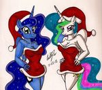  anthro anthrofied blue_fur blue_hair breasts christmas cleavage clothed clothing duo equine female friendship_is_magic fur green_eyes hair hat hi_res holidays horn looking_at_viewer mammal multi-colored_hair my_little_pony newyorkx3 plain_background princess princess_celestia_(mlp) princess_luna_(mlp) purple_eyes royalty santa_hat shaded signature standing white_background white_fur winged_unicorn wings 