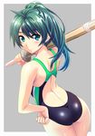  aqua_eyes ass back bare_shoulders competition_swimsuit from_behind green_hair hand_on_hip nagayori one-piece_swimsuit over_shoulder ponytail saegusa_wakaba shinai solo swimsuit sword sword_over_shoulder vividred_operation weapon weapon_over_shoulder 