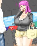  1girl bag breasts cleavage clothed_erection erection erection_under_clothes eyes_closed huge_breasts laughing long_hair market milf miniskirt open_mouth original outdoors purple_hair short_skirt skirt standing thighs translated wiz-coolhait 